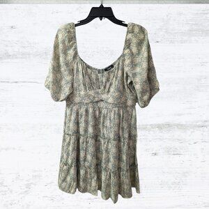 Trixxi Green Cream Floral Flare Mini Dress Fairycore Cottage Charm Boho Chic-XL